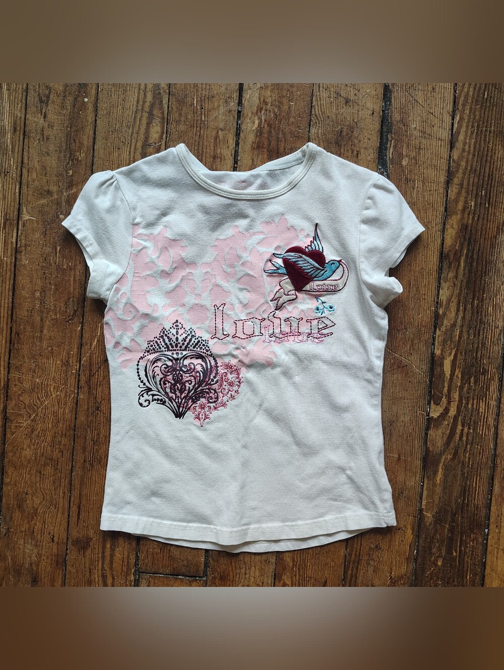Vintage Y2K LOVE Baby Tee XXS XS Extra Small White Pink Tattoo Embroidery Style